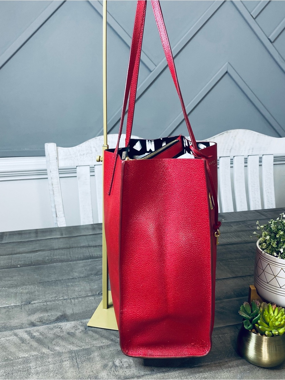 Marc Jacobs The Grind Leather Tote Bag Fire Red Gold Hardware Padlock Charm - Picture 6 of 14